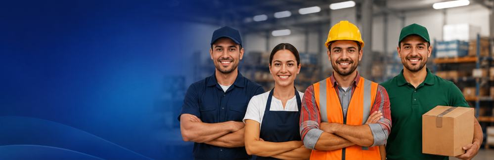 Trabajadores hispanos sonrientes en USA