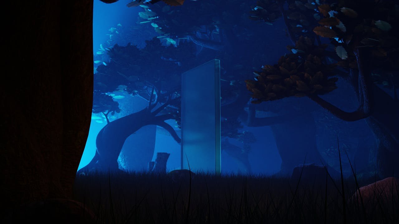 gallery-2 A mysterious glass monolith stands in a mystical forest under a blue night sky.